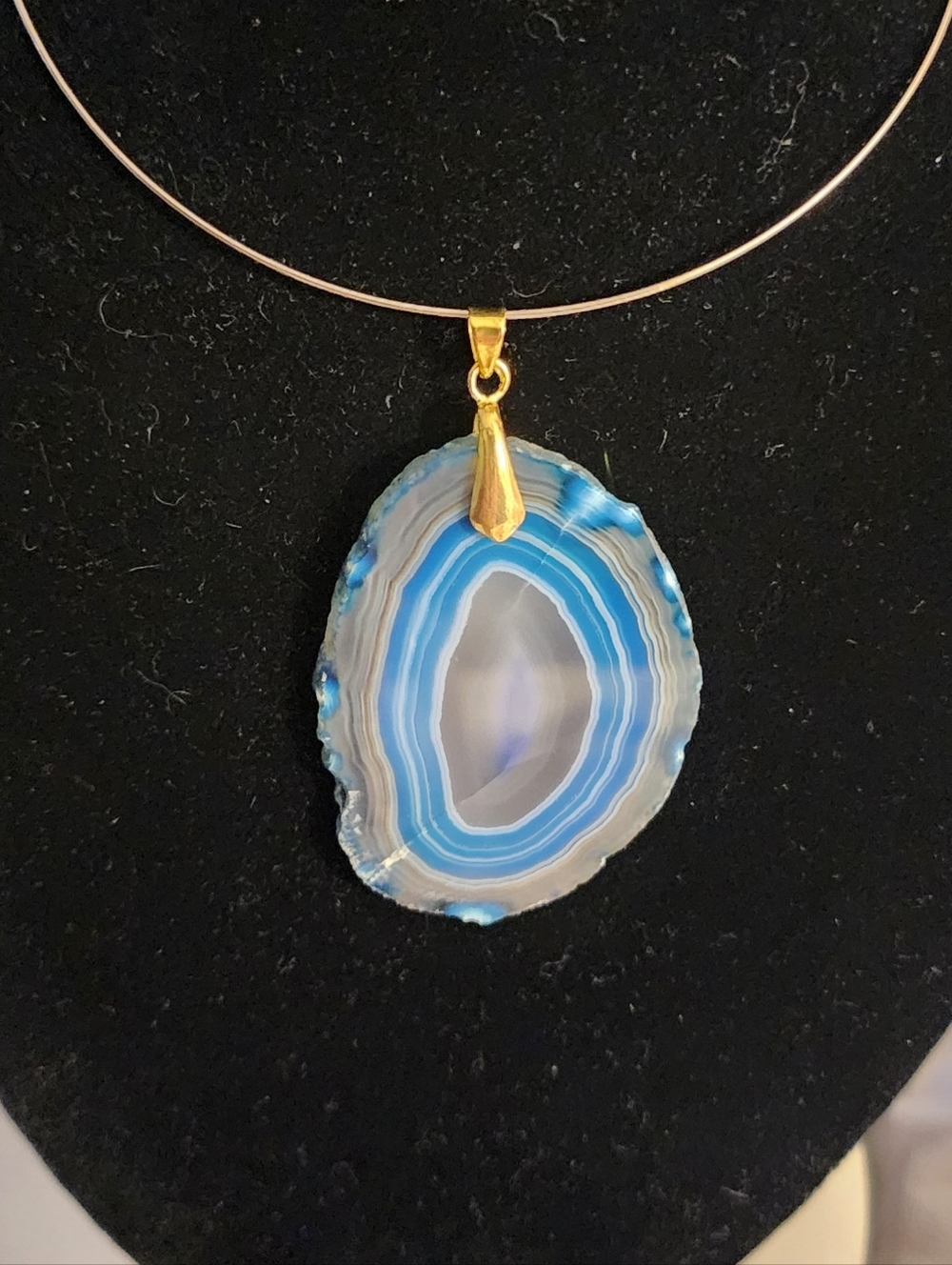Blue Banded Agate Pendant Necklace with Gold Bail